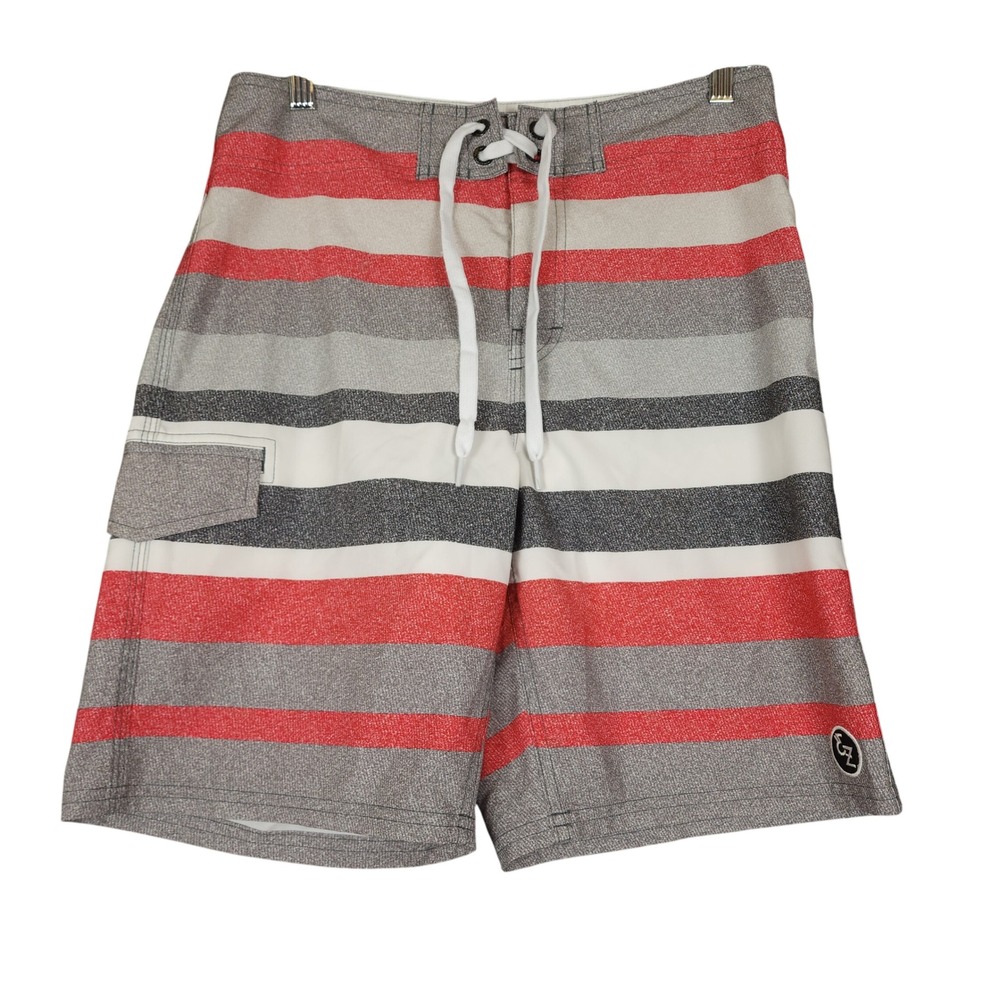 Ezekiel Mens Board Shorts Red Grey Stripe Size 30 Cargo Pocket Swim Trunks